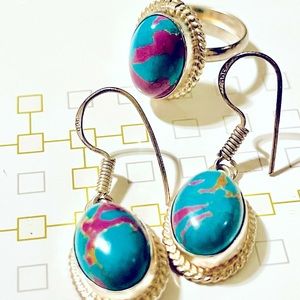 Green jasper Earrings/ring set adjustable Sterling Silver India Artisan pierced